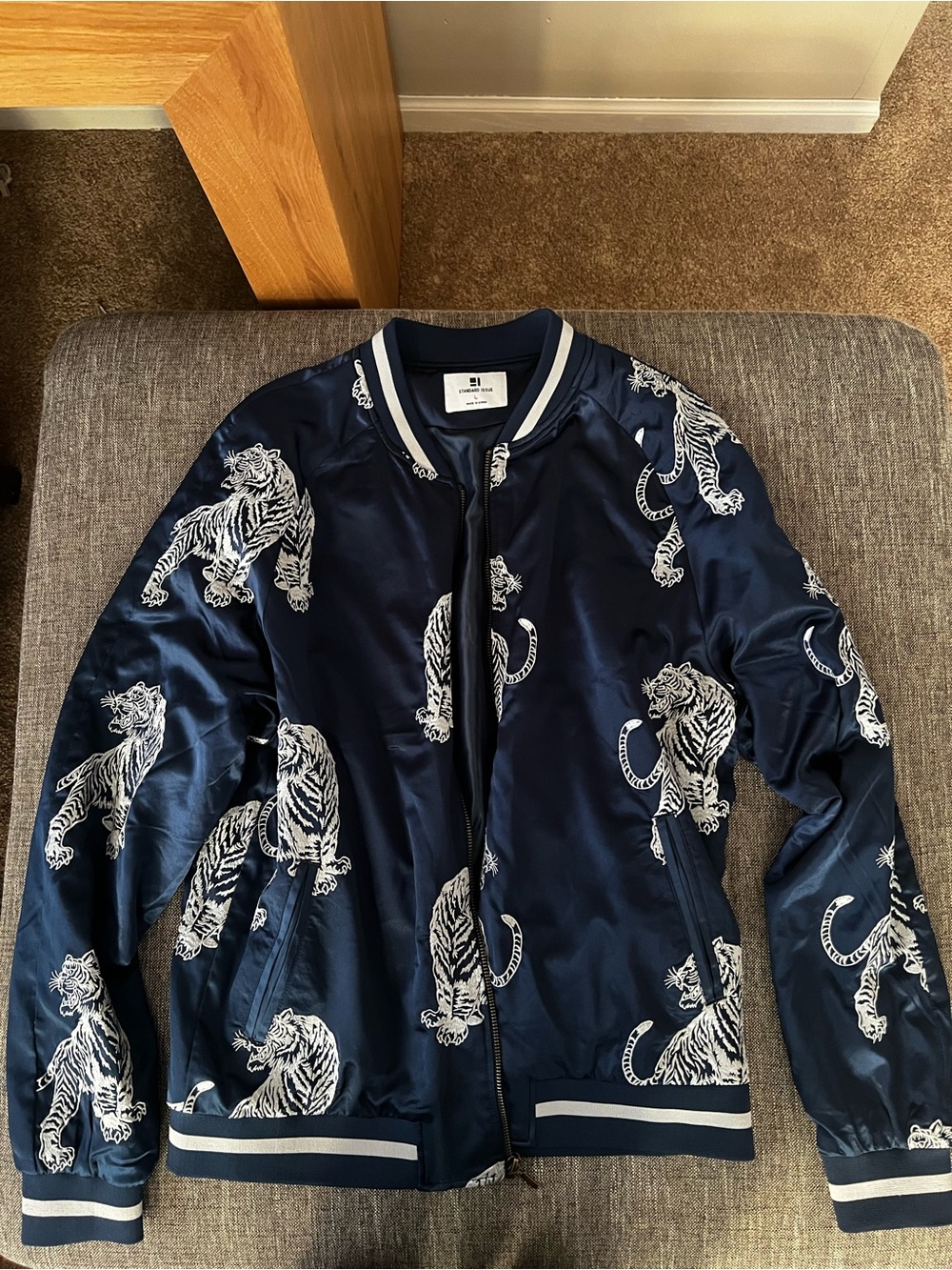 Standard Issue Navy Bomber Jacket with White Tiger Motif